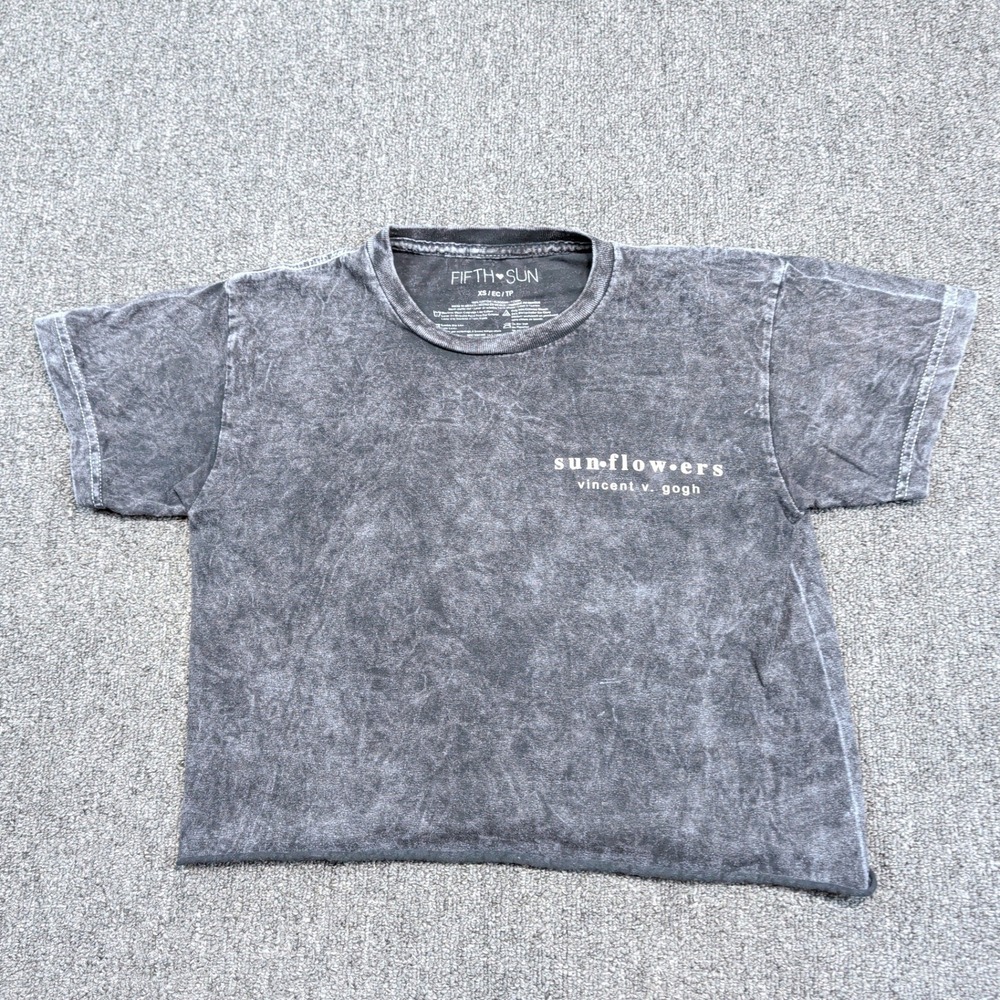 Fifth Sun Van Gogh Sunflowers XS Gray Cotton Acid Wash Art Crop Graphic Tee